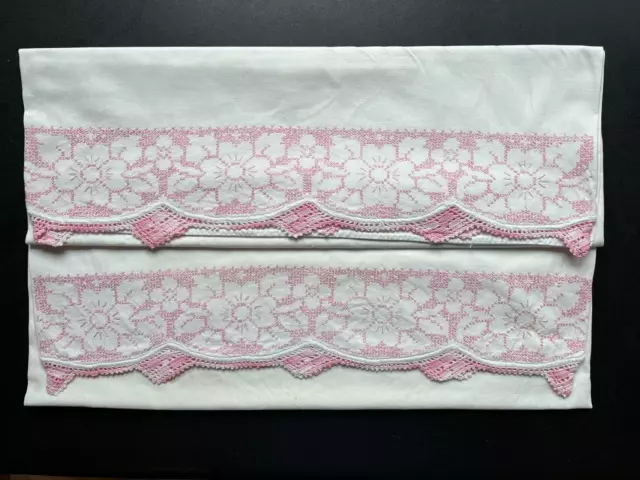 Vintage Pretty Pink Hand Crochet Pair Pillowcases Farmhouse Cottage 🧵