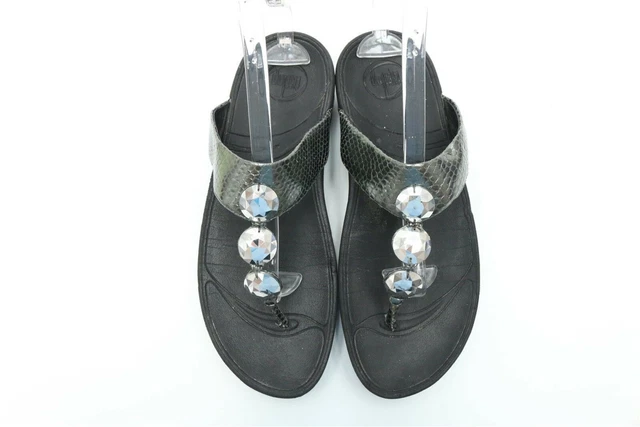 Womens FIT FLOP Pewter Leather Snake Print Thong Sandals Slides Size 10 EU 42 3