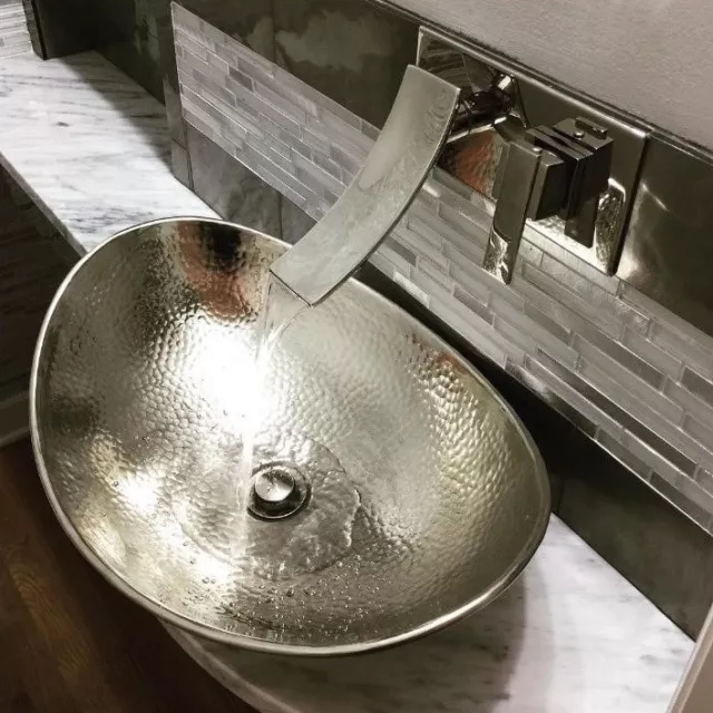 Hand-Hammered Nickel Above Counter Vessel Sink Oval Boat Shape Textured Silver