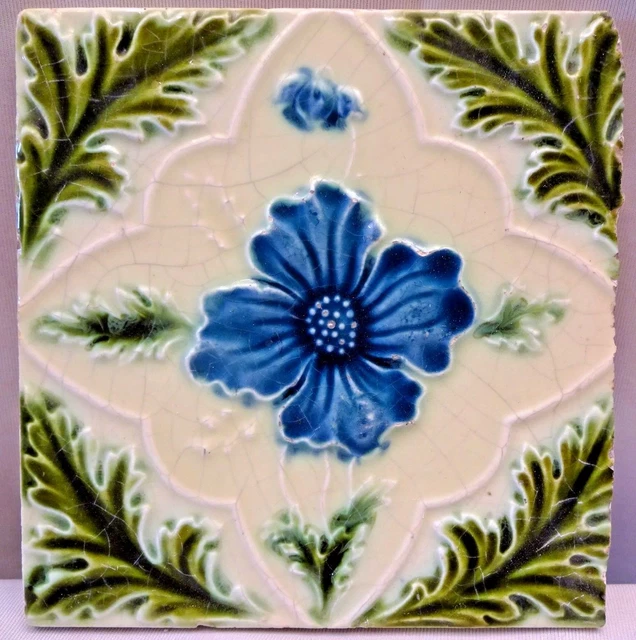 Antique English Tile Majolica Flower Motif Design Ceramic Architecture Rare "139