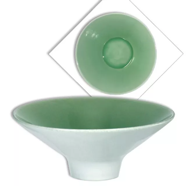 Japanese Ikebana Compote Vase Ceramic 9.75"D Green Crackle Glaze Made in Japan