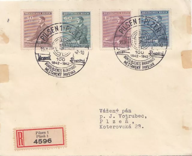 Briefmarken Böhmen u. Mähren Ganzsache 1942 MiNr. 85-88, Satz auf Einschreiben.
