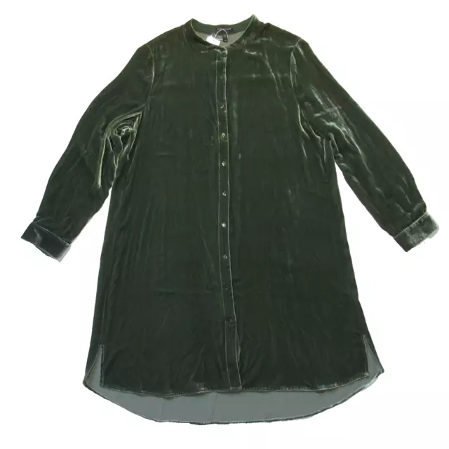 NWT Eileen Fisher Mandarin Collar Long Shirt in Deep Hemlock Velvet Tunic L