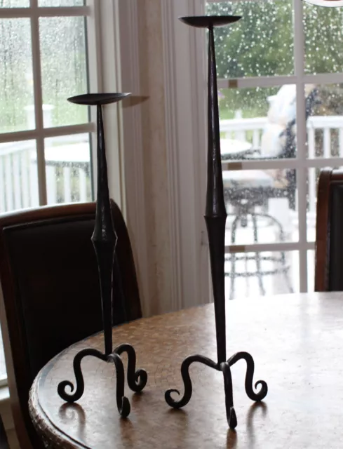 2 Pair Vtg Hand Forged Wrought Iron Spanish Pillar Candle Holder 27" bronze tall