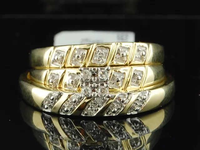 10K Mens Ladies Yellow Gold Diamond Engagement Ring Wedding Band Trio Bridal Set