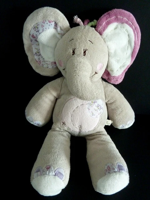 V6. DOUDOU PELUCHE NOUKIE'S ELEPHANT gris rose mauve blanc rond fleur 30cm - TBE