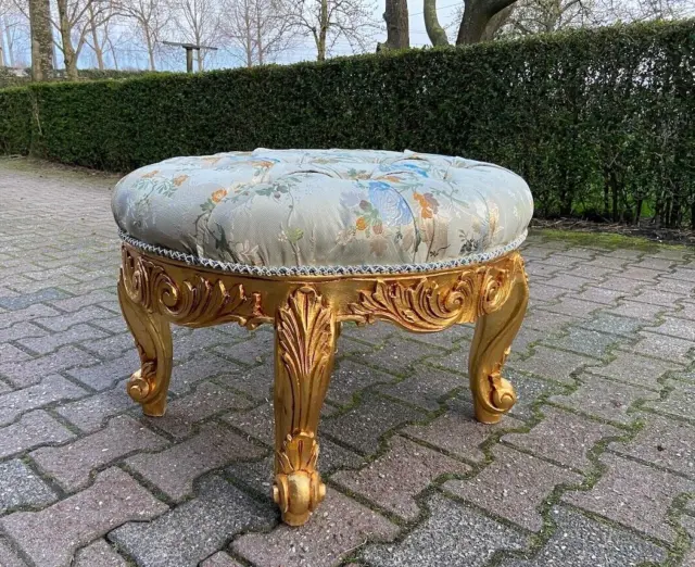 French Louis XVI Gilded Beech and Pistachio Damask Bed Bench: Regal Elegance