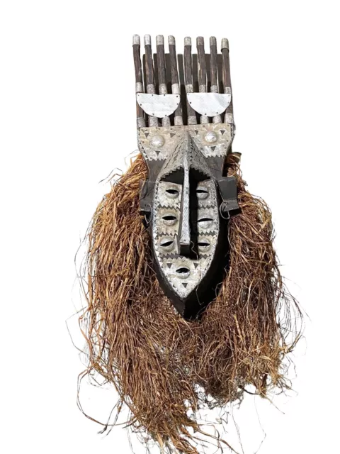 #5470 LG African Bamana Ntomo Marka Mask w/ Aluminum/Raffia Beard 38" H