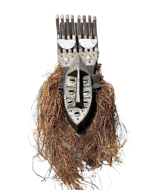 #5470 LG African Bamana Ntomo Marka Mask w/ Aluminum/Raffia Beard 38" H