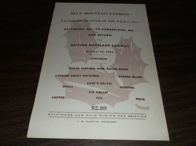 October 1963 Baltimore & Ohio B&O Dining Car Luncheon Menu Western Maryland