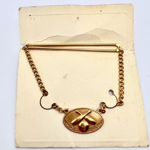 Vintage Gold Tone Chain Tie Clip Bowling Ball Pins Medallion