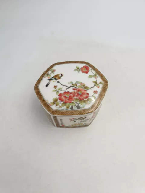 Japanese Porcelain Lidded Hexagonal Trinket Box Perching Bird Blossomin Flowers