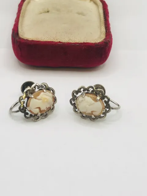 Vintage 1930s Silver Cameo Earrings Screw Backs, Stamped Silver