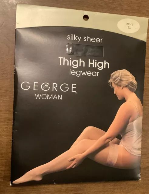 George Silky Sheer Lace Top Thigh High Stockings Black Size Queen 3X NIP