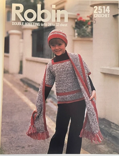 Robin CROCHET PATRÓN Niños Camisa Manga Jumper con Sombrero + Bufanda Borde 2514