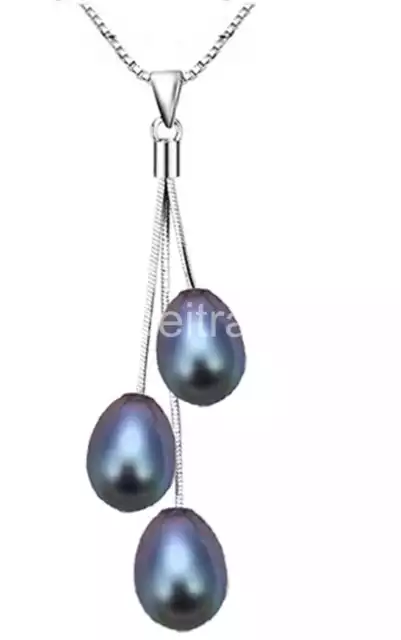 925 Sterling Silver 8-9mm black Freshwater Pearl Pendant Necklace