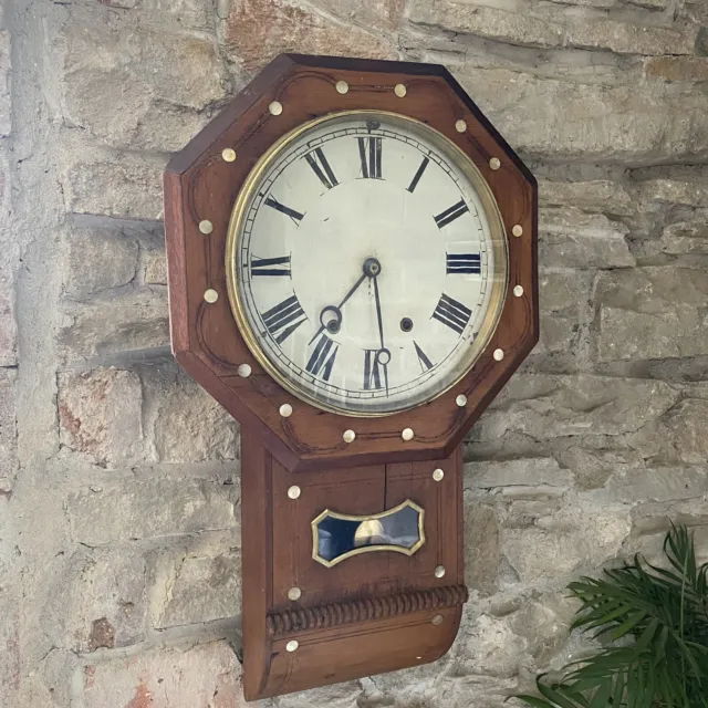 Antique Large 12” Oak Drop Dial Wall School Station Rail Wind Up Clock Ansonia? 2