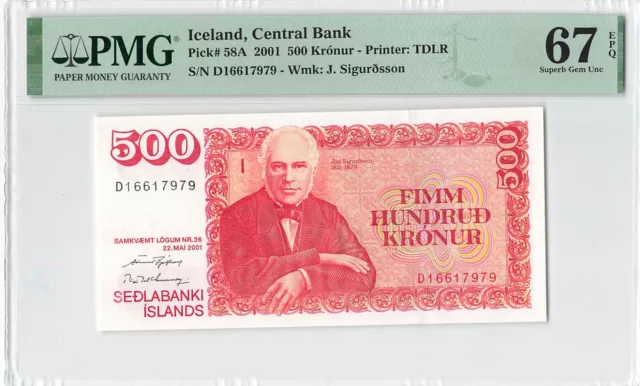 Iceland 500 Kronur 2001 P-58A PMG 67 EPQ