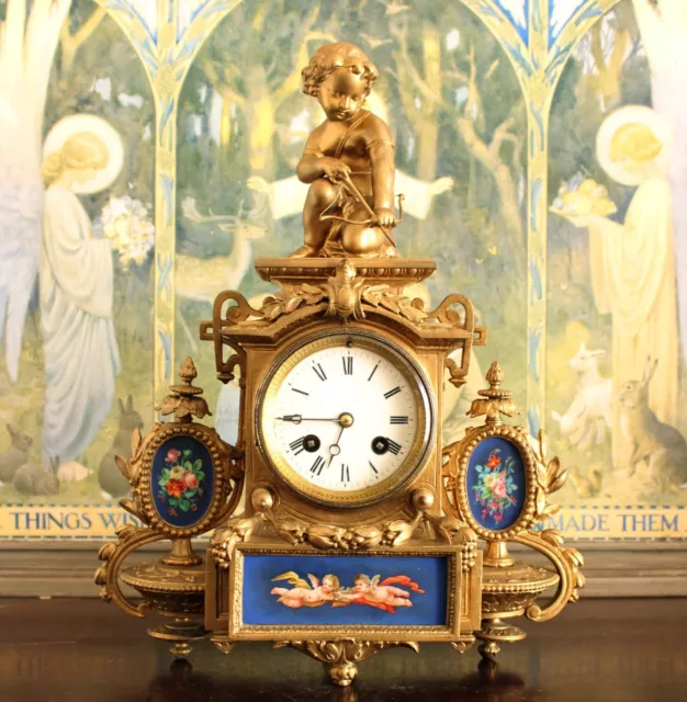 Antique French Ormolu & Porcelain Cupid Cherubs Striking Mantel Clock Works, 14" 3