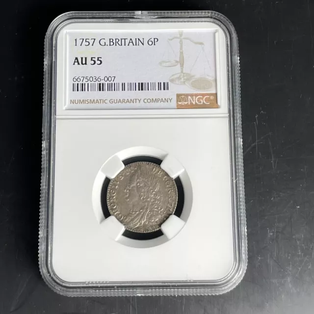 NGC Graded George II 1757 Great Britain 6p Sixpence Coin AU55 AU 55 Almost Unc