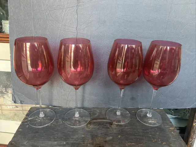 Large balloon tall wine Neiman Marcus red cranberry glasses set of 4