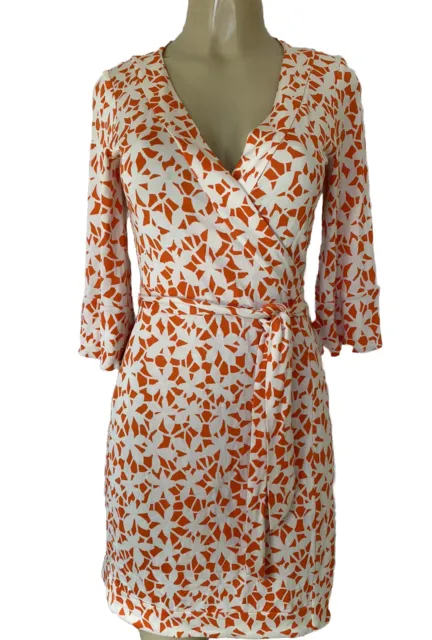 DVF Diane Von Furstenberg RENNY WRAP DRESS Orange Cream 3/4 Sleeve Silk Mini 6 S