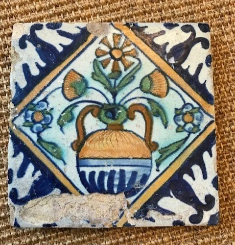 Antique 17th C Dutch Delft Majolica Polychrome Tile c.1640