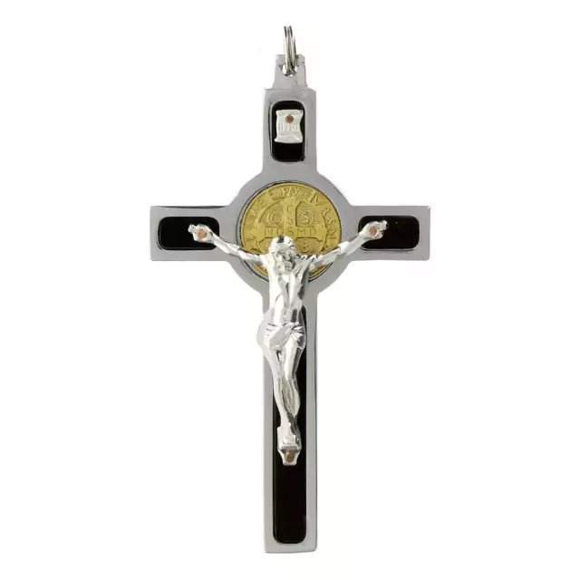 Pendente Croce San Benedetto acciaio, argento 925, oro 18K