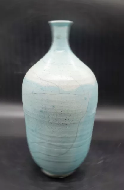 Handmade Studio Art Pottery Raku Glaze Weed Vase Blue 11.5" Repair Signed