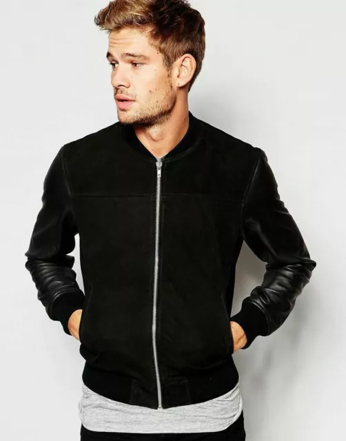 Men Black Bomber Jacket Genuine Suede & Lambskin Leather Slim Fit Biker Jacket