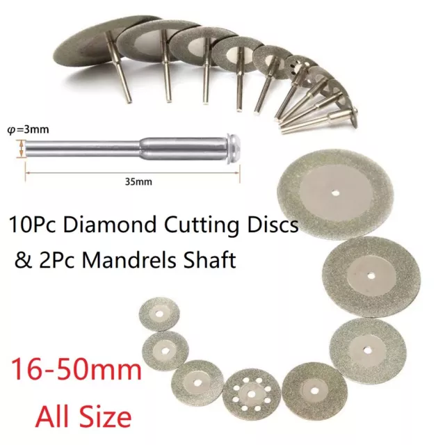 10Pc Diamond Cutting Discs 16mm-50mm Wheel Blades & 2Pc 3mm Mandrels Shaft