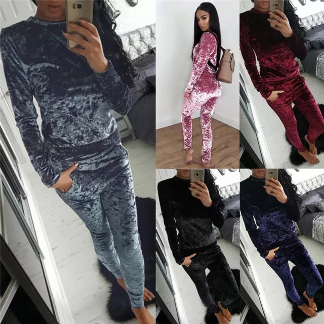 New Womens Ladies Velvet Velour Crushed 2Pc Jogging Top Loungewear Tracksuit Set