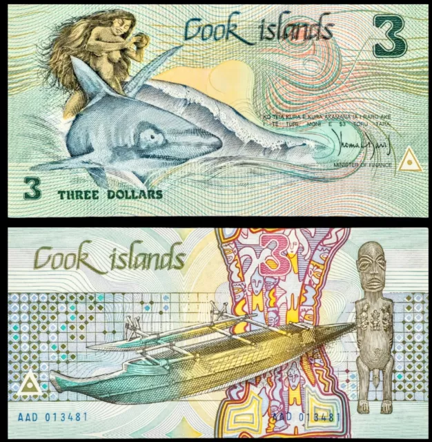 1987 Cook Islands 3 Dollars, Nude Ina holding a coconut while riding on shark