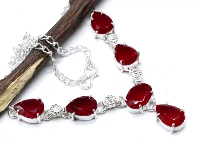 925 Sterling Silver Red Emerald Gemstone Handmade Jewelry Necklace Size-17-18