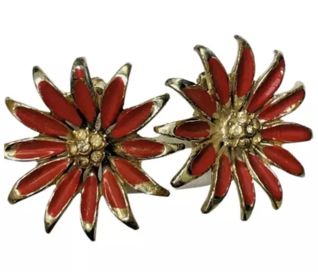 Vintage Red Enamel Sunflower Rhinestone Gold Tone Clip On Button Earrings