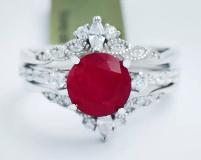 GENUINE 1.89 Cts RUBY & WHITE SAPPHIRE RING SET .925 Silver - NEW WITH TAG