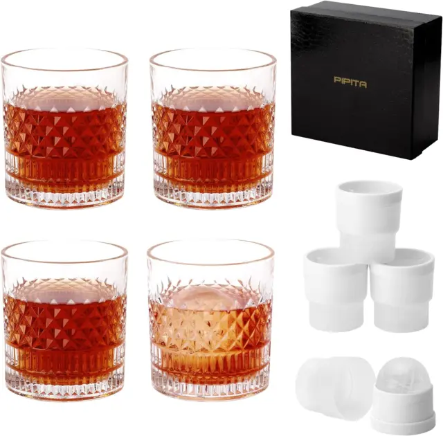 PIPITA Crystal Whiskey Glass with 4 Iceball Molds and a Luxury Box, No-Lead Crys
