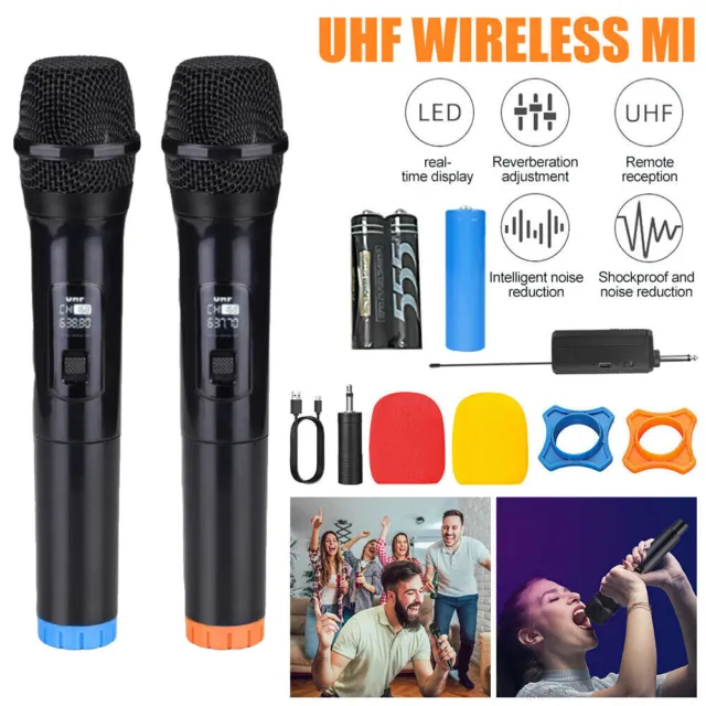 2x Wireless Microphone Handheld UHF Dynamic Mic System Karaoke Receiver Cordless