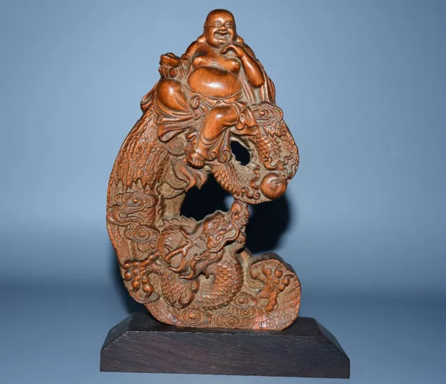 Chinese Vintage Boxwood Carved Dragon Maitreya Buddha Statue Collection Nice Art