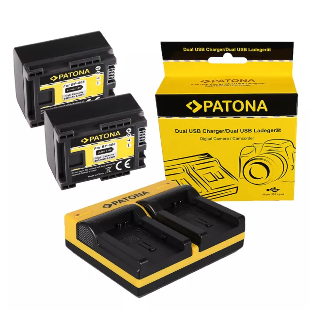 2x Batteria Patona + caricabatteria USB doppio per Canon BP-808