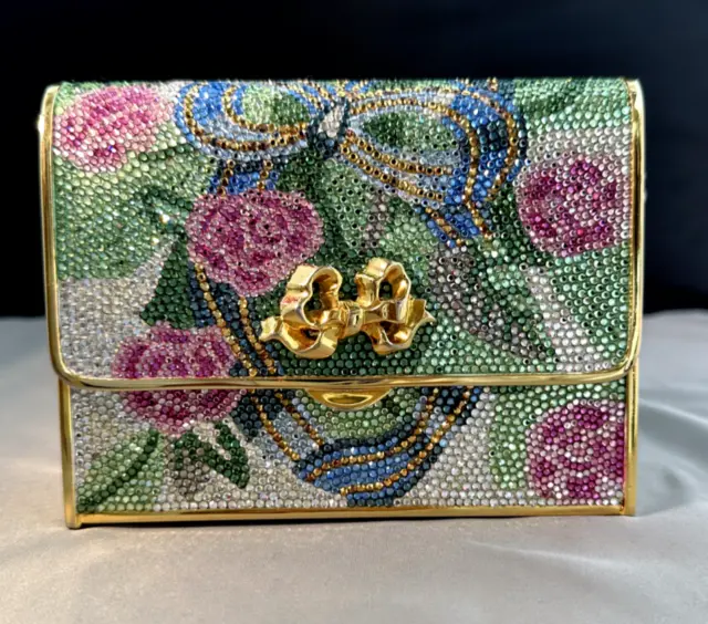 Judith Leiber Swarovski Crystal Rococo Floral Bow Minaudiere Purse Chain