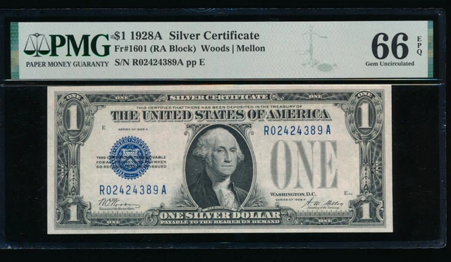 AC 1928A $1 Silver Certificate PMG 66 EPQ R-A block  Fr 1601