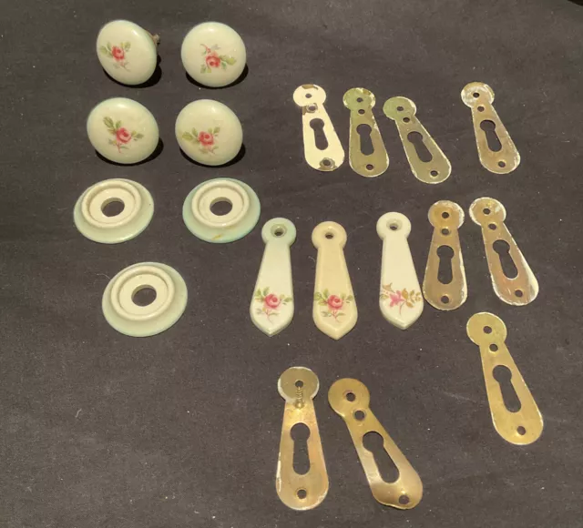 Job Lot Vintage Used Ceramic Chintz Drawer Door Knob Handle Key Plate Escutcheon