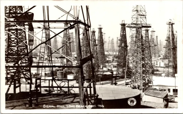 C.1940s RPPC Long Beach CA Signal Hill Oil Wells Derrick California Postcard 78