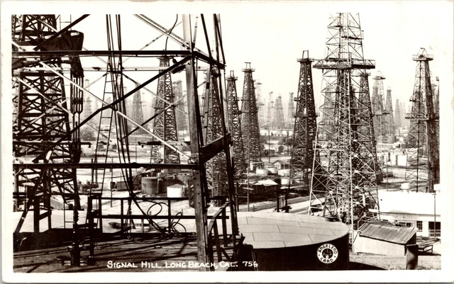 C.1940s RPPC Long Beach CA Signal Hill Oil Wells Derrick California Postcard 78