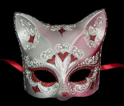 Mask from Venice Cat Silver Florale Heart Red Painted Handmade Italy 22637