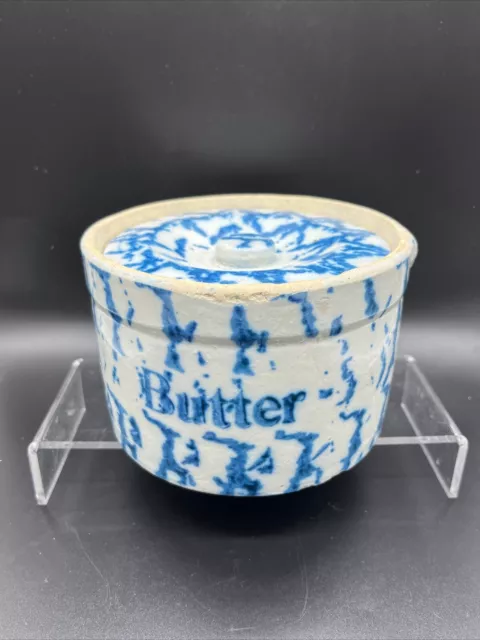 19th Century Sponge Ware Butter Crock with Matching Lid