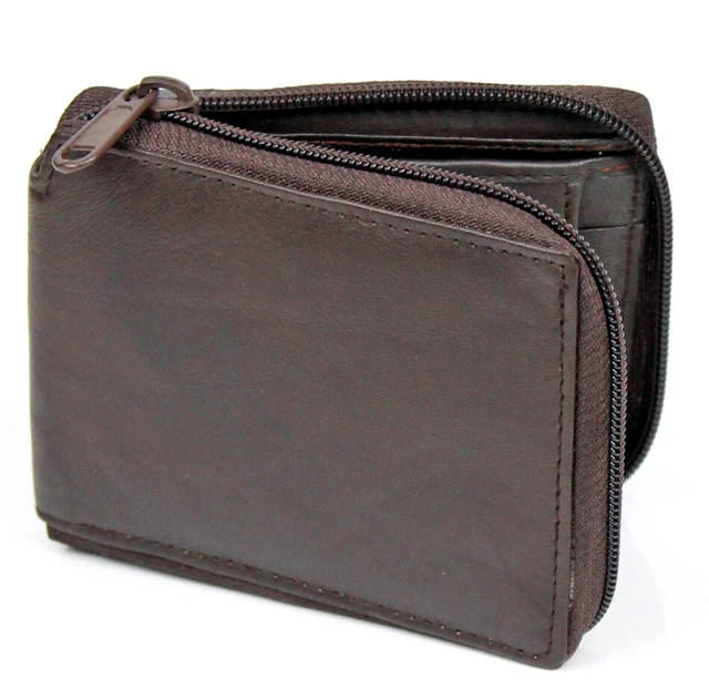 Men's Zipper Genuine Leather Zip-Around ID Bifold Wallet W/ Secure Coin Pocket