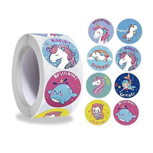 Pegatinas de recompensa de unicornio de dibujos animados, 500 piezas hoja de narval sirena princesa princesa sirena de 1 pulgada