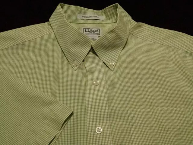 L.L. Bean Mens Large Shirt Short Sleeve Button-Down 100% Cotton Green Plaid